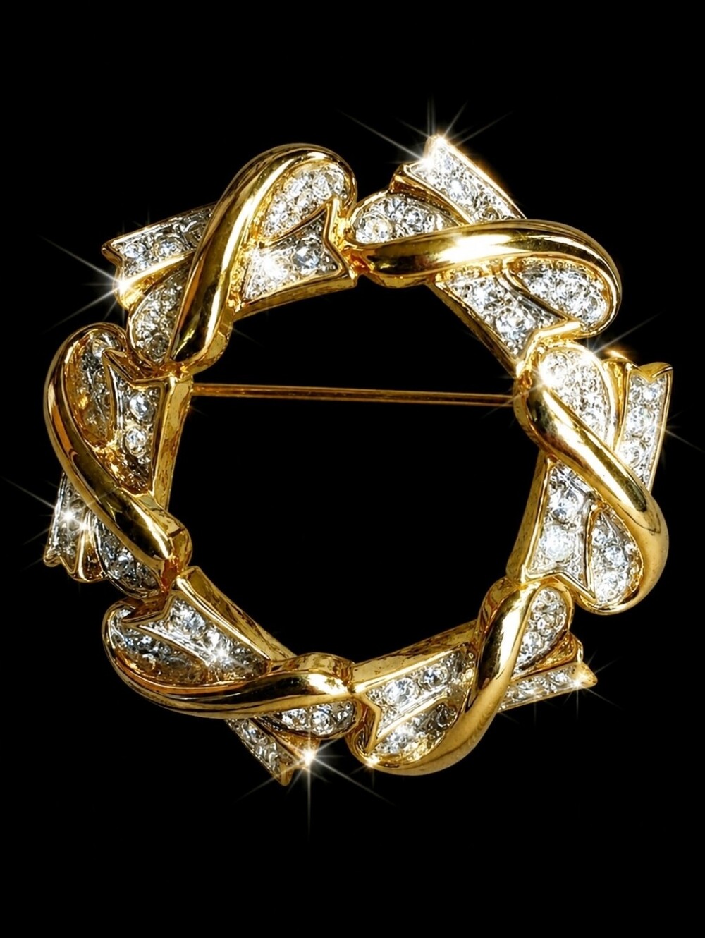 Nina Ricci Gold Tone Electroplate Signed Unisex Vintage Clear Rhinestone Brooch
